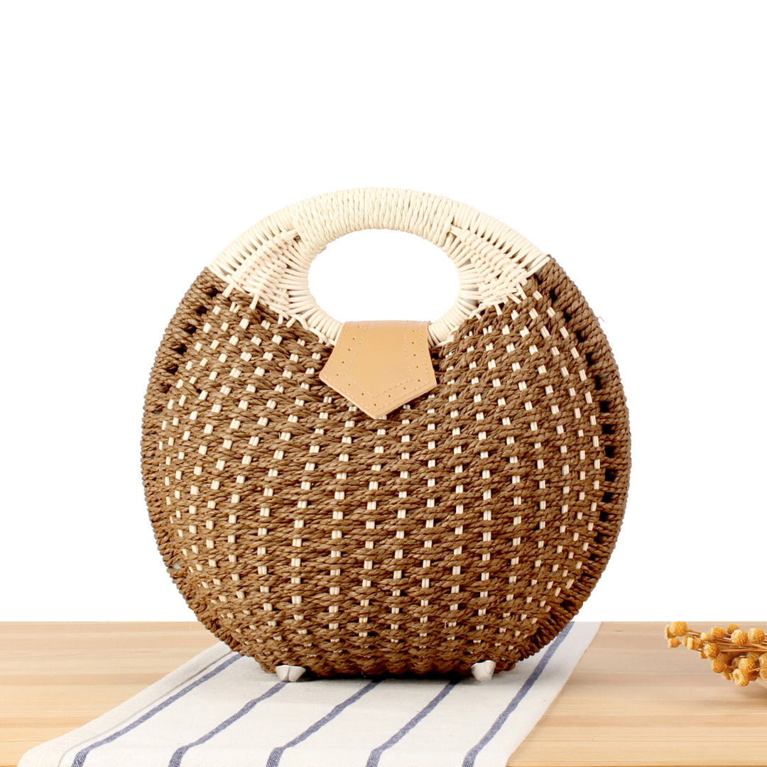 Round straw bag with elegant leather handle Bowlift