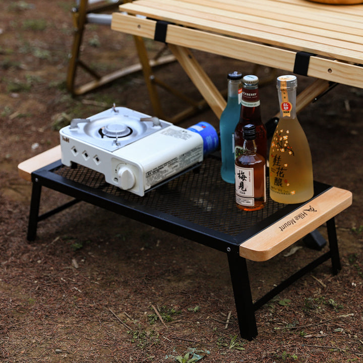 Portable Folding Camping Mesh Grill Table with Wooden End Panels Bowlift