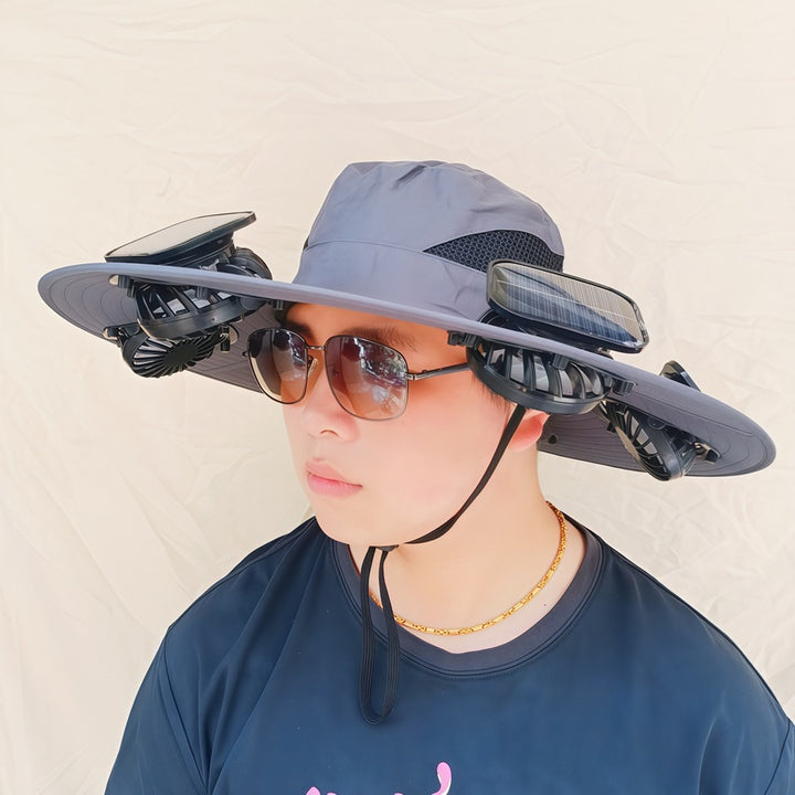 Wide-brimmed sun hat with detachable swivel solar fans and adjustable chin strap Bowlift