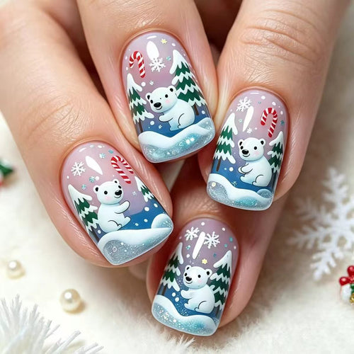 Artificial nails with cute winter landscape design Bowlift