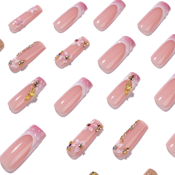 Artistic Nail Extensions with Rhinestone and Flower Embellishments Bowlift