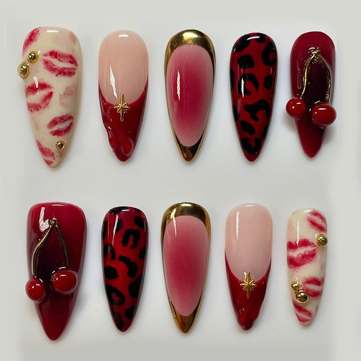 Decorative Press-On Nail Art Set with Luxurious Kiss and Leopard Inspired Designs Bowlift