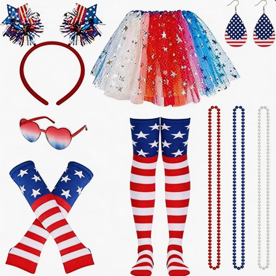 Women's nan patriotic tulle layered mini skirt headband arm sleeves and thigh high socks set Bowlift