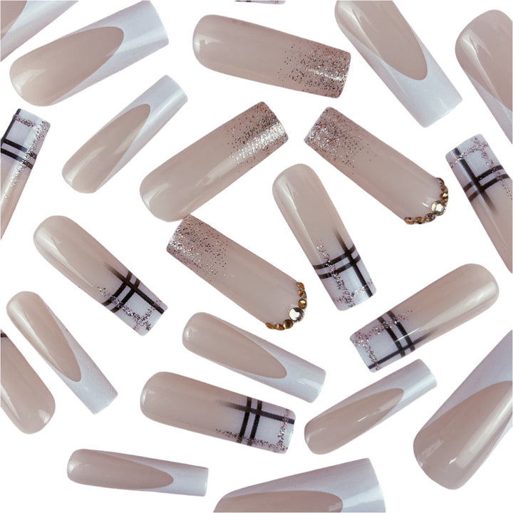 Decorative Long Coffin Nail Extensions with Glitter Accents Bowlift