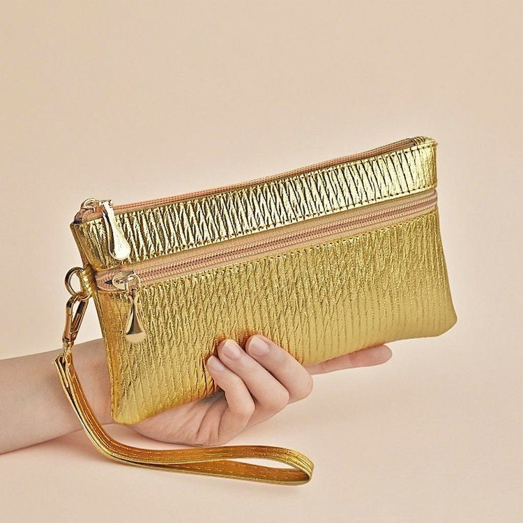 Textured Faux Leather Double-Zip Wristlet Clutch Bowlift