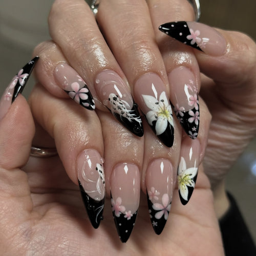 Elegant Nail Extensions with Creative Flowers and Black-White Patterns Bowlift