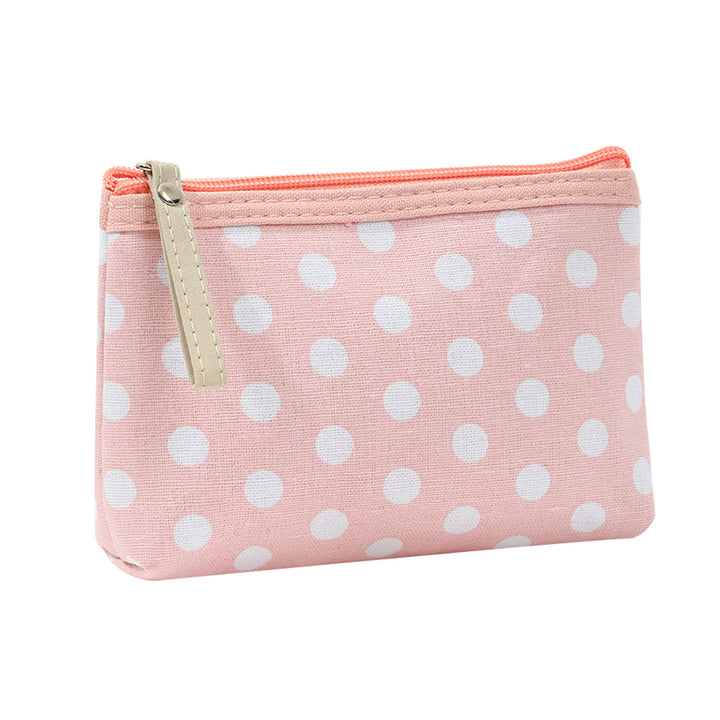 Polka dot canvas cosmetic pouch with top zipper and leather pull Bowlift