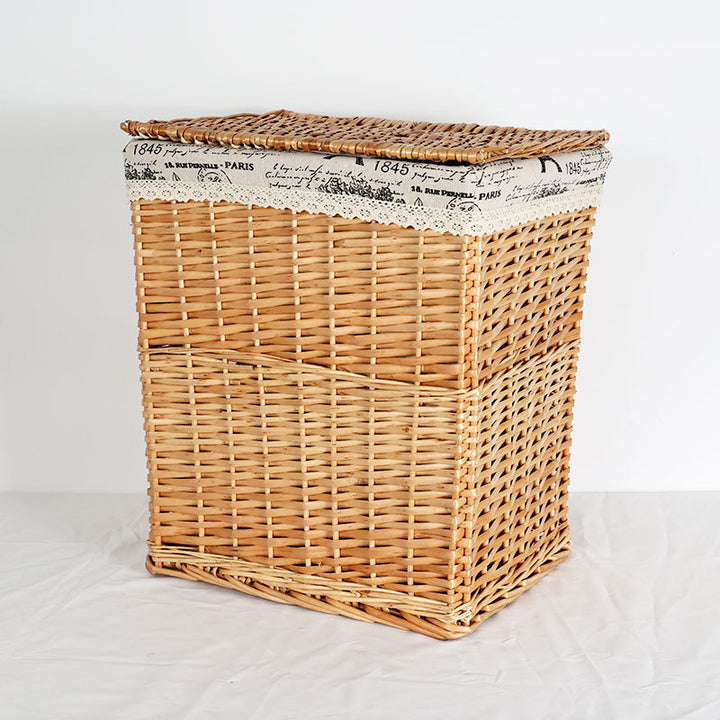 Ladies laundry basket with checked fabric cover and elegant lace trim Bowlift