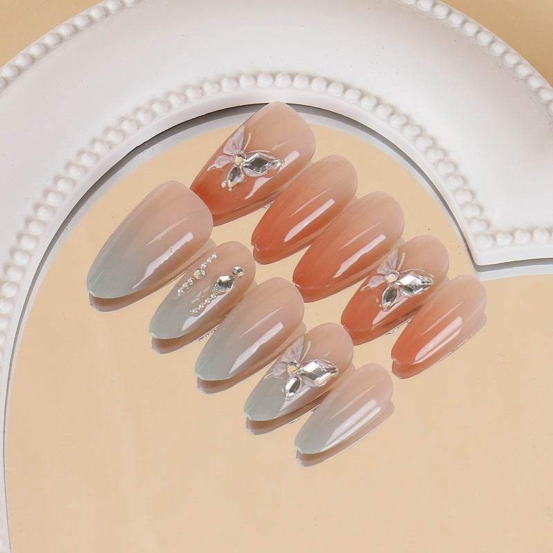 Elegant Press-On Nail Art Set with Floral and Gemstone Accents Bowlift