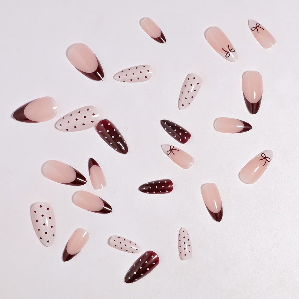 Artistic Press-On Nail Set with Bow and Dot Design Bowlift