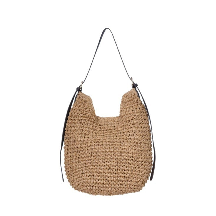 Trendy Shoulder Bag with Natural Weave and Leather Accents Bowlift