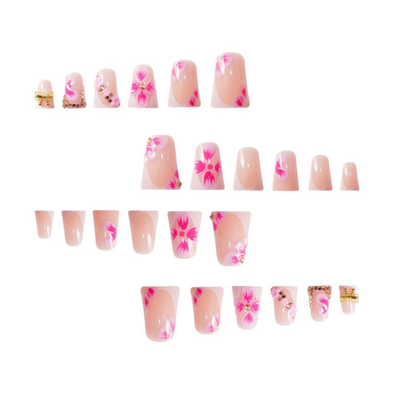 Elegant Floral Press-On Nail Art with Gem Accents Bowlift