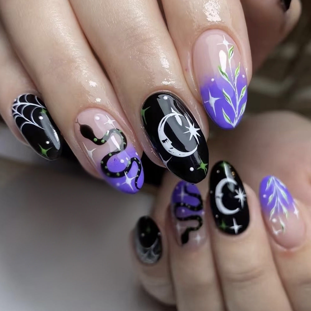 Artistic Halloween-Themed Press-On Nail Art Set Bowlift