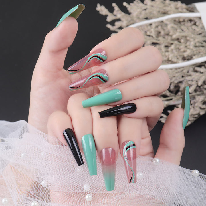 Artistic Press-On Nail Set with Geometric Wave Design Bowlift