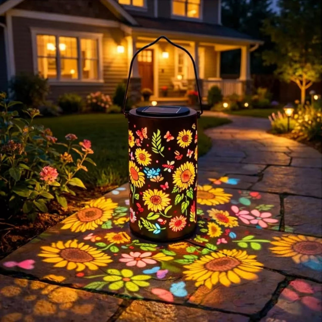 Solar Projection Lantern With Sunflower Floral Metal Cylinder And Hanging Handle Bowlift