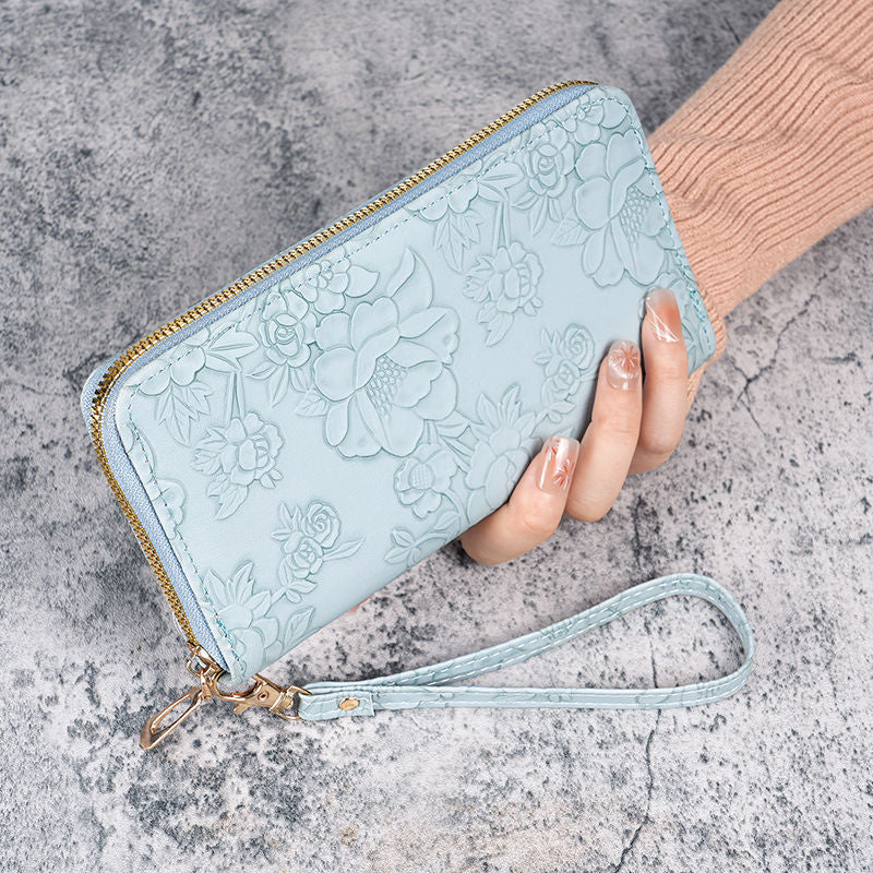 Embossed Floral Zip-Around Wristlet Wallet with Detachable Strap Bowlift