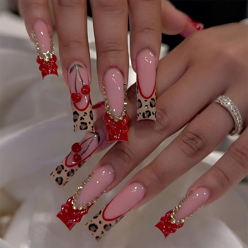 Artistic Press-On Nail Set with Cherry and Animal Prints Bowlift