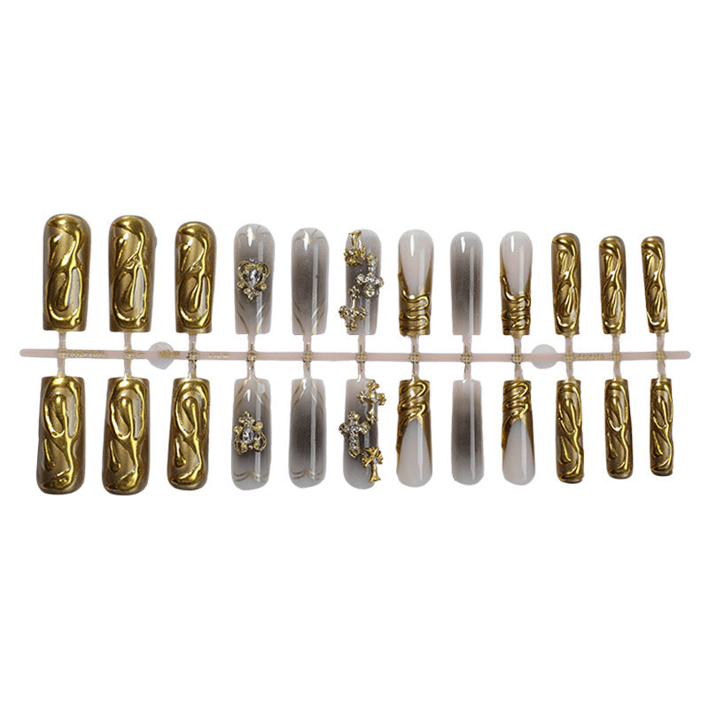 Decorative Press-On Nail Set with Gold Accents Bowlift