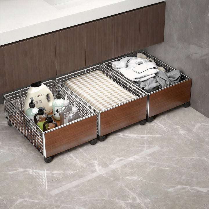 Rolling Under-Cabinet Wire Storage Basket with Wooden End Panels and Locking Casters