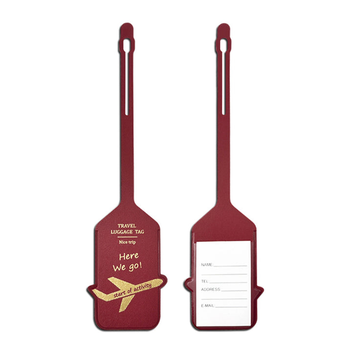 premium leather travel luggage ID tag with embossed airplane motif and adjustable strap Bowlift