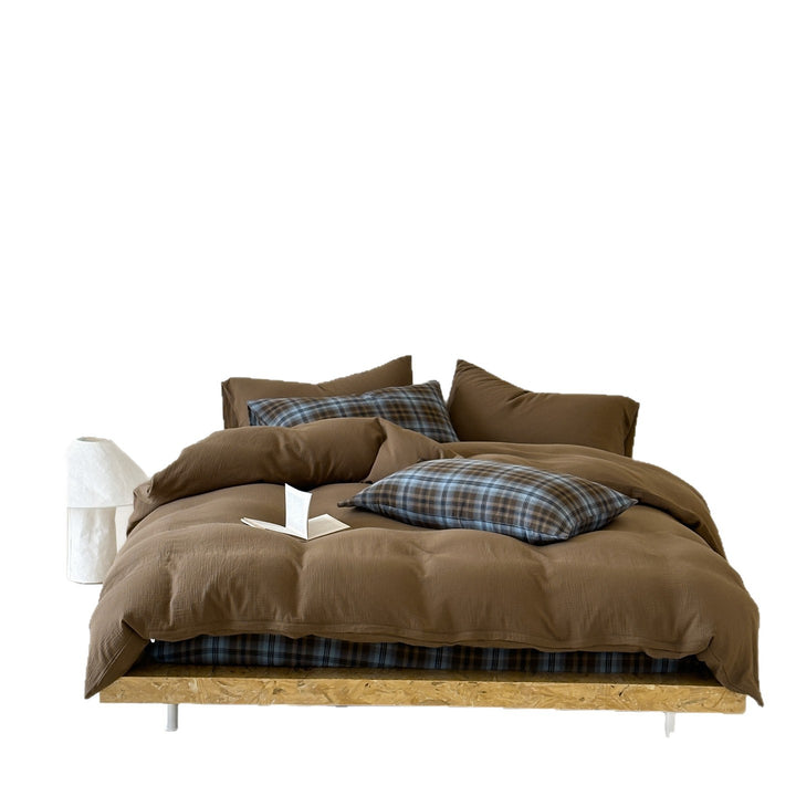 Reversible Linen-Blend Duvet Cover Set with Deep-Pocket Fitted Sheet & Plaid Pillowcases