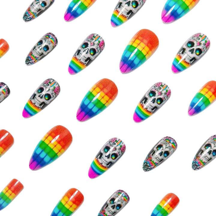 Creative artificial nails with skull design and rainbow colors Bowlift