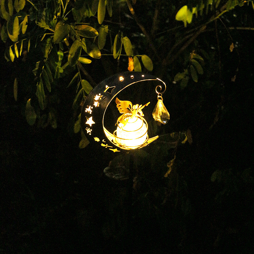 Decorative Crescent Moon Solar Garden Stake Lamp With Hanging Crystal Orb And Butterfly Bowlift