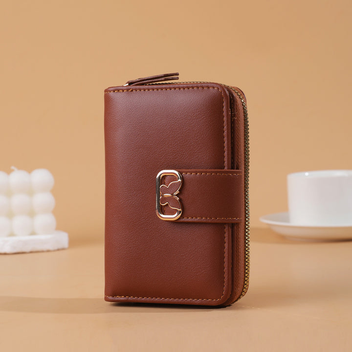 Compact Zip-Around Faux Leather Long Wallet with Butterfly Clasp Bowlift