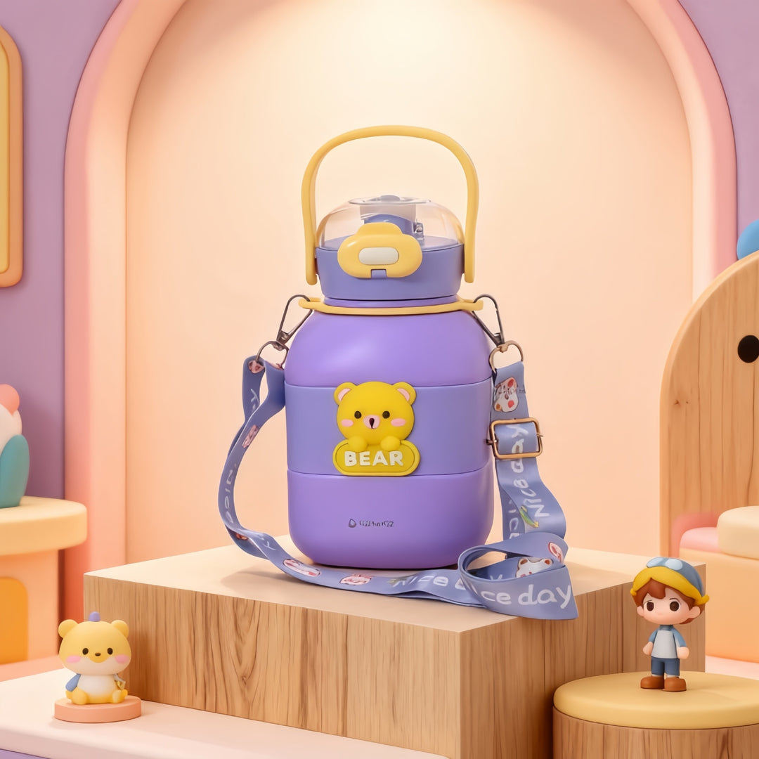 Child-friendly water bottle with carrying strap Bowlift
