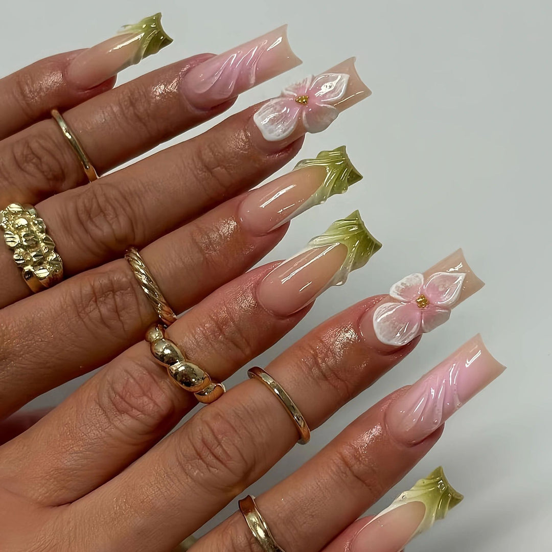 Artistic Floral Press-On Nail Extensions Bowlift