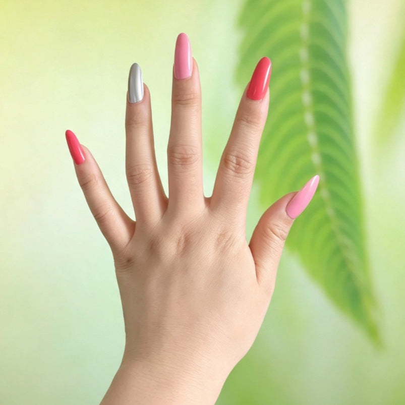 Artistic Almond-Shaped Press-On Nails Set with Metallic Accents Bowlift