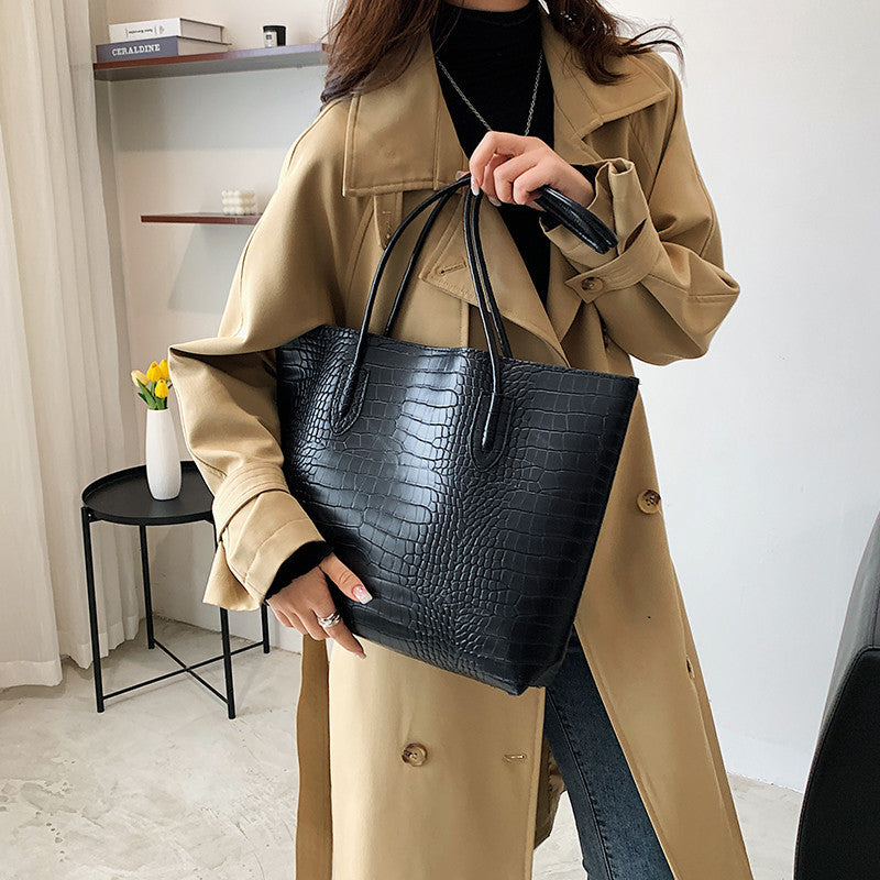 Crocodile-Embossed Tote Bag with Detachable Clutch Bowlift