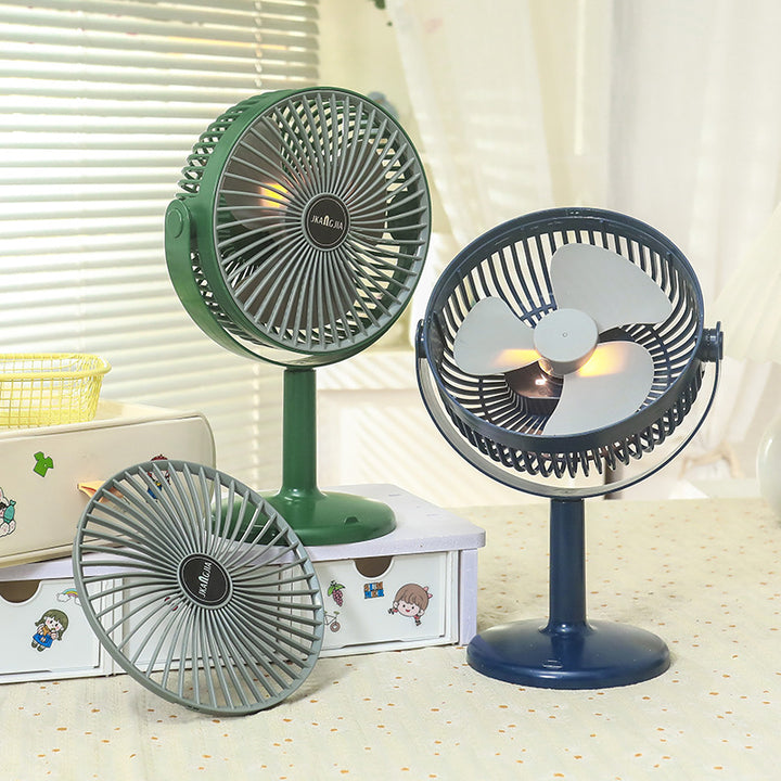 Unisex portable battery-operated table fan with integrated LED light, adjustable head, and USB charging function Bowlift