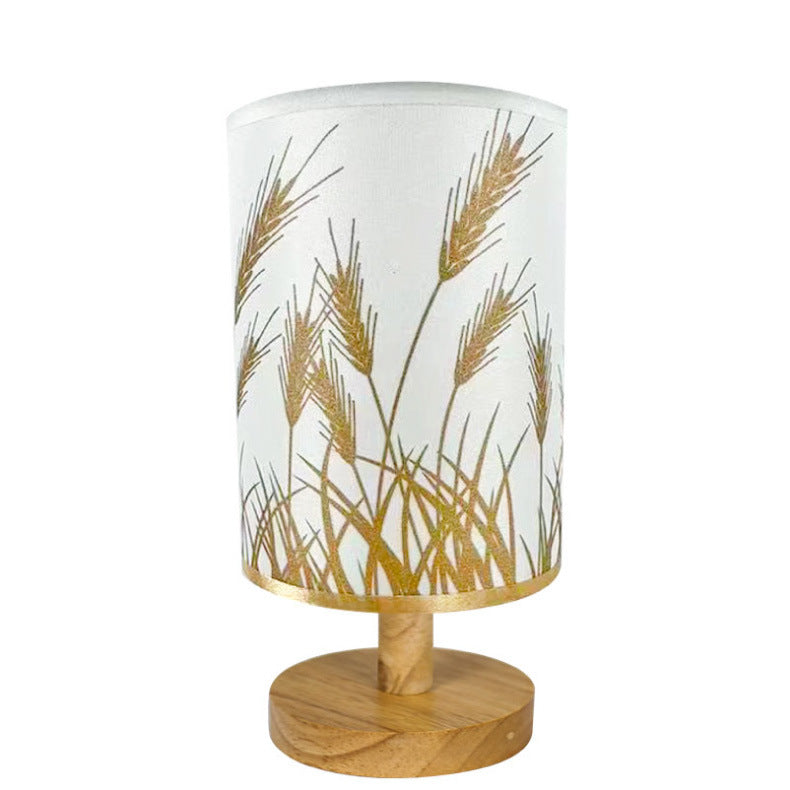 Decorative Cylindrical Fabric Shade Table Lamp with Wooden Base and Mosaic Texture Bowlift