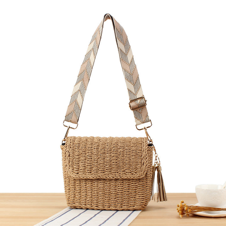 Woven Raffia Shoulder Bag with Decorative Shoulder Strap Bowlift