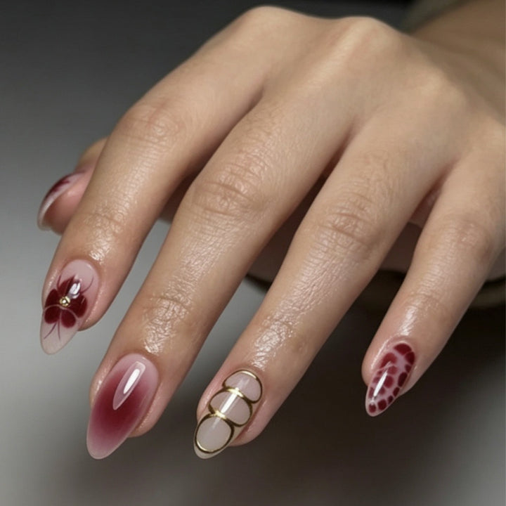 Artistic Press-On Nail Set with Floral and Ombre Designs Bowlift