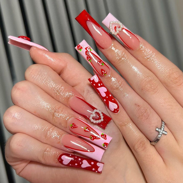 Artistic Nail Extensions with Heart and Strawberry Design Bowlift