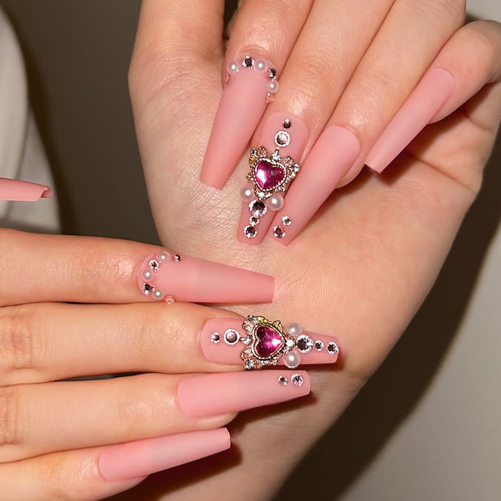 Luxury Artificial Nail Set with Rhinestone and Pearl Decorations Bowlift