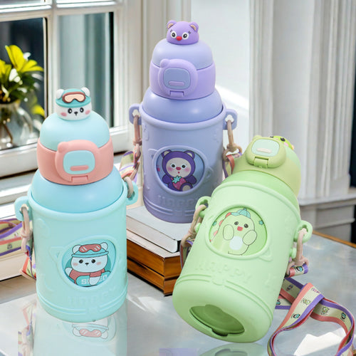 Insulated drink bottle with colorful penguin design and practical carrying strap Bowlift