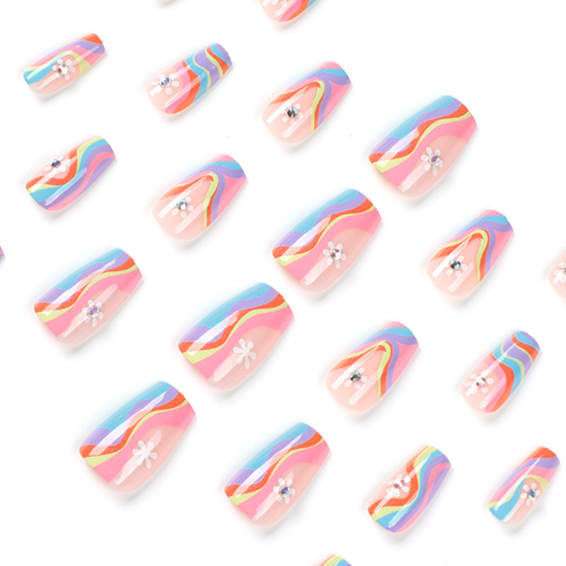 Artful Nail Extensions with Colorful Gradient and Delicate Flower Pattern Bowlift