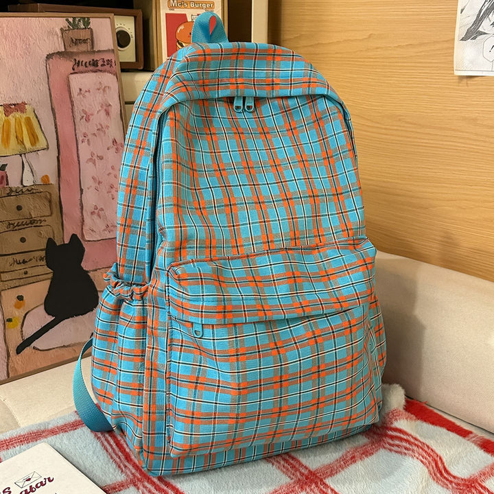 Backpack with Practical Check Pattern and Cute Plush Pendant Bowlift