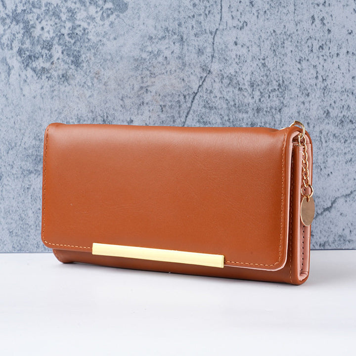 Premium vegan leather long wallet clutch with gold bar accent and detachable chain Bowlift