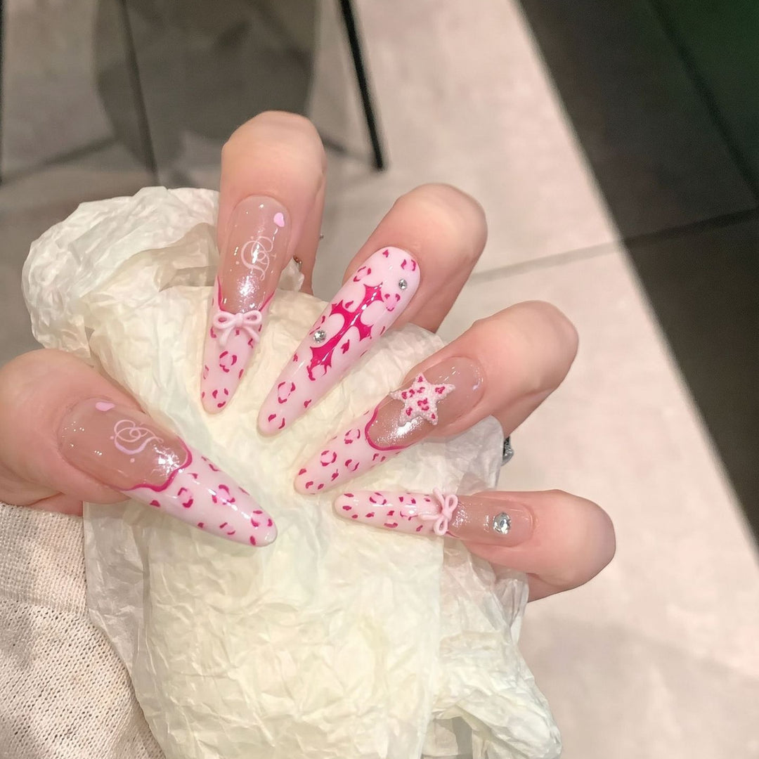 Artistic Stiletto Press-On Nail Set with Heart and Bow Design Bowlift