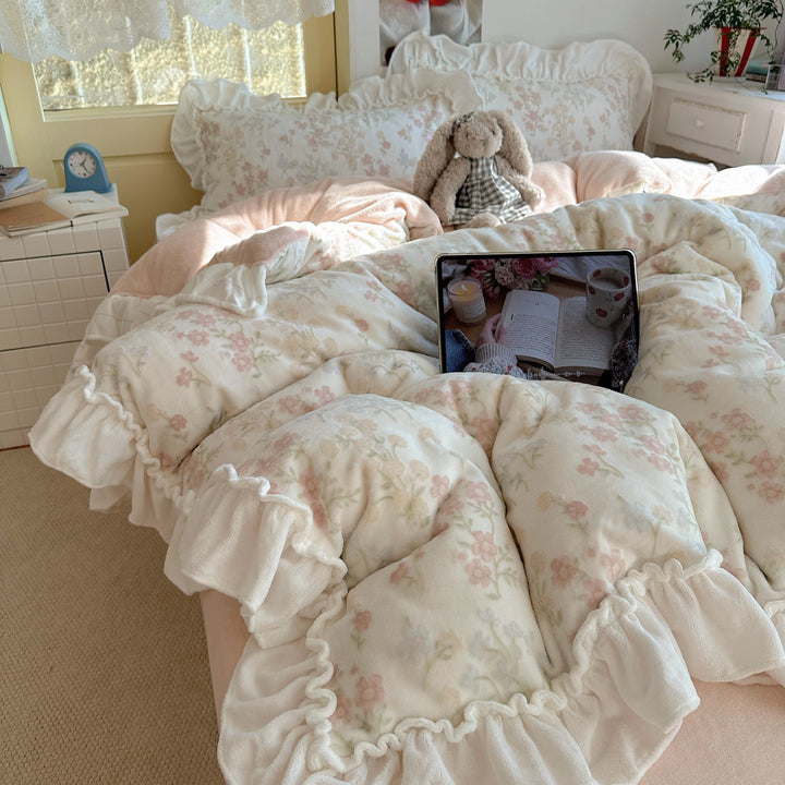Plush Ruffled Daisy Fleece Comforter with Box-Quilt Construction