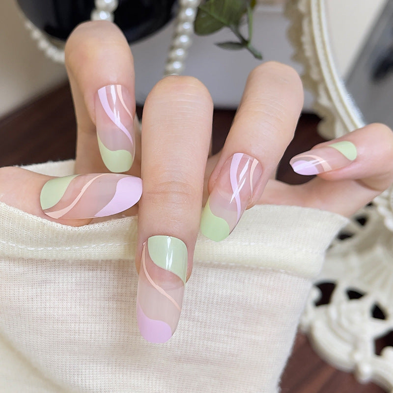 Artistic Press-On Nail Set with Wavy Design Bowlift
