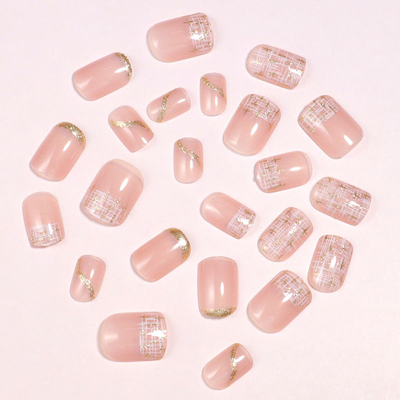 Elegant Press-On Nail Set with Gold Accent and Glitter Design Bowlift