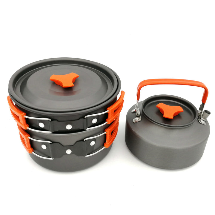 lightweight non-stick nesting camping cookware set with folding handles compact kettle pot pan and folding cutlery Bowlift