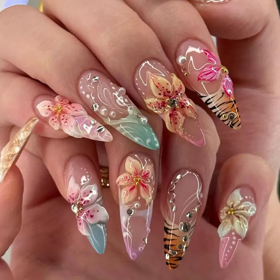 Floral Art Stiletto Nail Extensions Bowlift