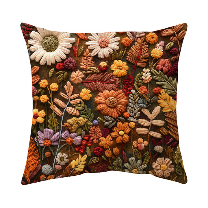 Embroidered Wildflower Raised-Texture Square Throw Pillow Cover
