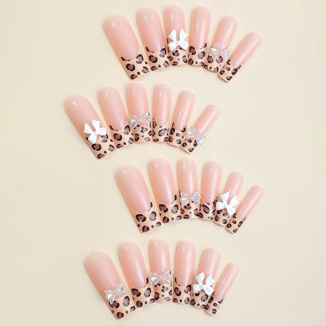 Decorative Press-On Nail Set with Chic Animal Print and Gem Accents Bowlift